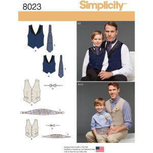 Mønster 8023-A  Simplicity Gutter &amp str. S-L; Herrevest, Slips, Magebelte og Sløyfe str.S-XL